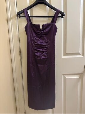 le chateau Deep Purple Satin Midi Dress with Ruched Front